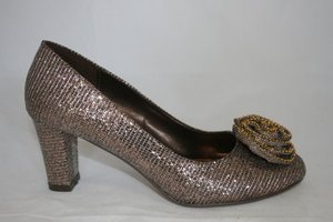 Women's Bronze Chunky Kitten Heel Pump with Flower in Front-Stunning Shoe