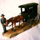 Amish Man Feeding Horse W/ Black Buggy