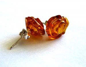 Baltic Amber Stud Earrings Roses 925 silver