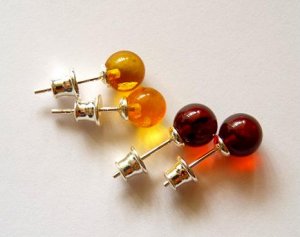 Baltic Amber Ball Stud Earrings Cognac Golden