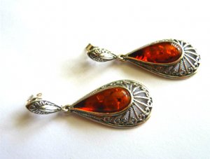 Baltic Amber Cognac Earrings Filigree Silver Victorian style
