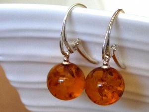 Baltic Amber Ball Earrings Cognac 925 Silver