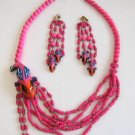 Large Chunky Pink Parrot Bird Necklace & Clip On Earrings Jewelry Set Vintage 1960s