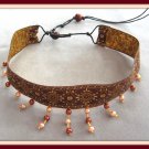 Cloth Choker Beaded Necklace Maroon Gold Peach Yellow Handcrafted Vintage Jewelry 1980s