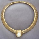 Thick & Wide Slinky Gold White Cabochon Stone Pendant Necklace Vintage 1980s Jewelry