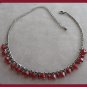 Red Bicone Dangle Beaded Necklace Gunmetal Gray Chain