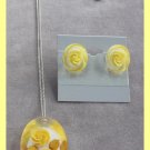 Double Yellow Rose Lucite Pendant Necklace & Earrings Sterling Chain Vintage Jewelry Set 1950s