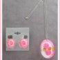 Double Pink Rose Lucite Pendant Necklace & Earrings Sterling Chain Retro 1950's Vintage Jewelry Set