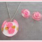 Double Pink Rose Lucite Pendant Necklace & Earrings Sterling Chain Retro 1950's Vintage Jewelry Set