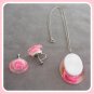 Double Pink Rose Lucite Pendant Necklace & Earrings Sterling Chain Retro 1950's Vintage Jewelry Set