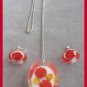 Double Red Rose Lucite Pendant Necklace & Earrings Sterling Chain Retro 1950's Vintage Jewelry Set