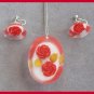 Double Red Rose Lucite Pendant Necklace & Earrings Jewelry Set Sterling Silver Vintage 1950s