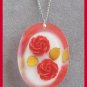 Double Red Rose Lucite Pendant Necklace & Earrings Jewelry Set Sterling Silver Vintage 1950s