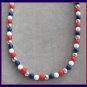 24" Red White Blue Silver Beaded Necklace Vintage 1970s Jewelry
