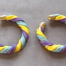 Large Wrapped Cloth Fabric Hoop Pierced Earrings Yellow Blue Purple Vintage Jewelry 1970s Large Wrapped Cloth Fabric Hoop Pierced Earrings Yellow Blue Purple Vintage Jewelry 1970s