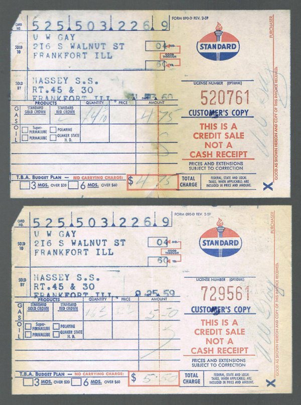 Vintage Receipts Old 1959 Standard Gasoline 33 Cents Per Gallon Chicago
