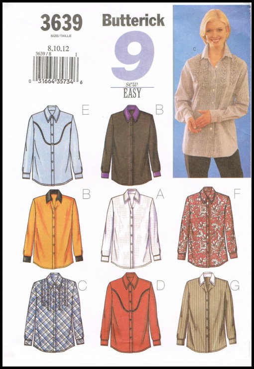 Butterick Sew Easy Sewing Pattern #3639 Misses Shirt Top Blouse Size 8 ...