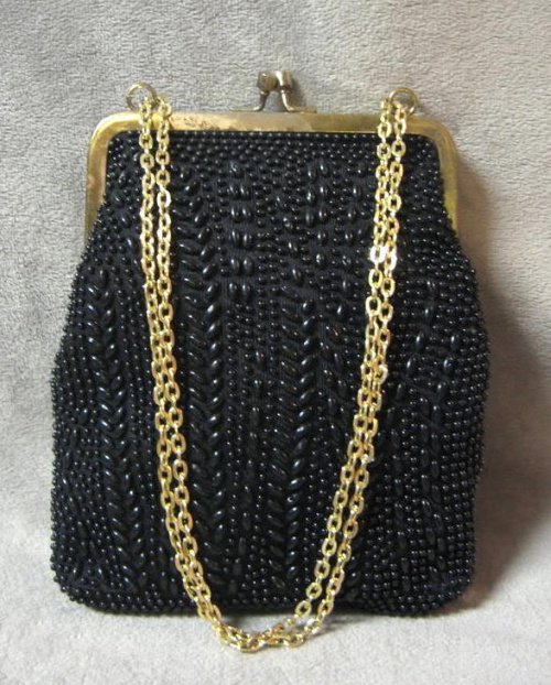 Black Beaded Purse Handmade in Hong Kong Vintage 1950s