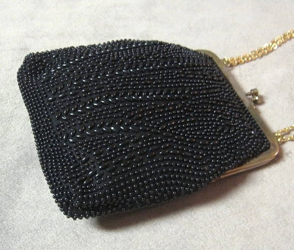 Black Beaded Purse Handmade in Hong Kong Vintage 1950s