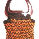 Brown & Orange Handmade Knitted Handbag Purse Large Amber Lucite Handles Vintage Brown & Orange Handmade Knitted Handbag Purse Large Amber Lucite Handles Vintage