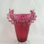 Fancy Fun Art Glass Hand Blown Large Ruffled Vase Basket Pink And Clear