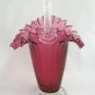 Fancy Fun Art Glass Hand Blown Large Ruffled Vase Basket Pink And Clear