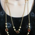 Long 61" Red Glass White Pearl Beaded Necklace Retro 1950s Vintage Jewelry Long 61" Red Glass White Pearl Beaded Necklace Retro 1950s Vintage Jewelry
