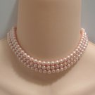 Pink Triple Strand Beaded Necklace Retro Vintage 1950s Jewelry