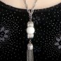 White Bead Silver Tassel Pendant Necklace Vintage 1960s Jewelry