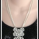 Large Retro Double Strand White Enamel Metal Pendant Necklace Vintage 1960s Jewelry