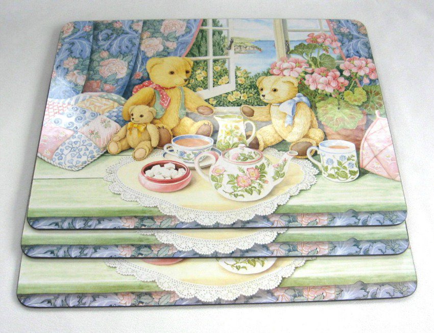 Teddy Bears Hardboard Placemats Lap Trays Tea Party Set of 3 Strong