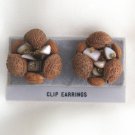 Unique Walnut Mother of Pearl Abalone Clip On Earrings Japan Vintage Jewelry 1950s