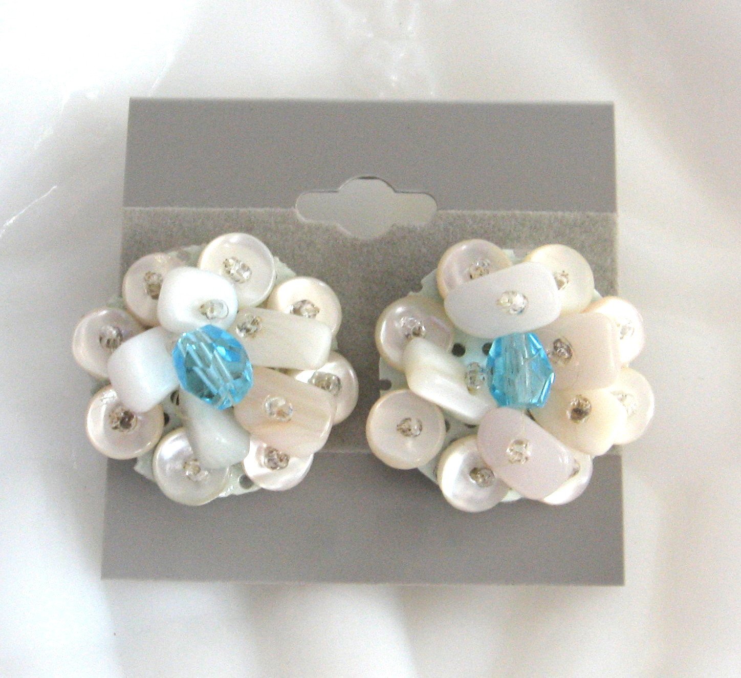Mother of Pearl Beaded Clip On Earrings Retro Japan Vintage Jewelry 1950s