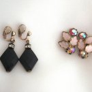 West Germany Clip On Earrings Pink Aurora Borealis Stones & Black Beads Retro 2 Pair Vintage 1950s West Germany Clip On Earrings Pink Aurora Borealis Stones & Black Beads Retro 2 Pair Vintage 1950s