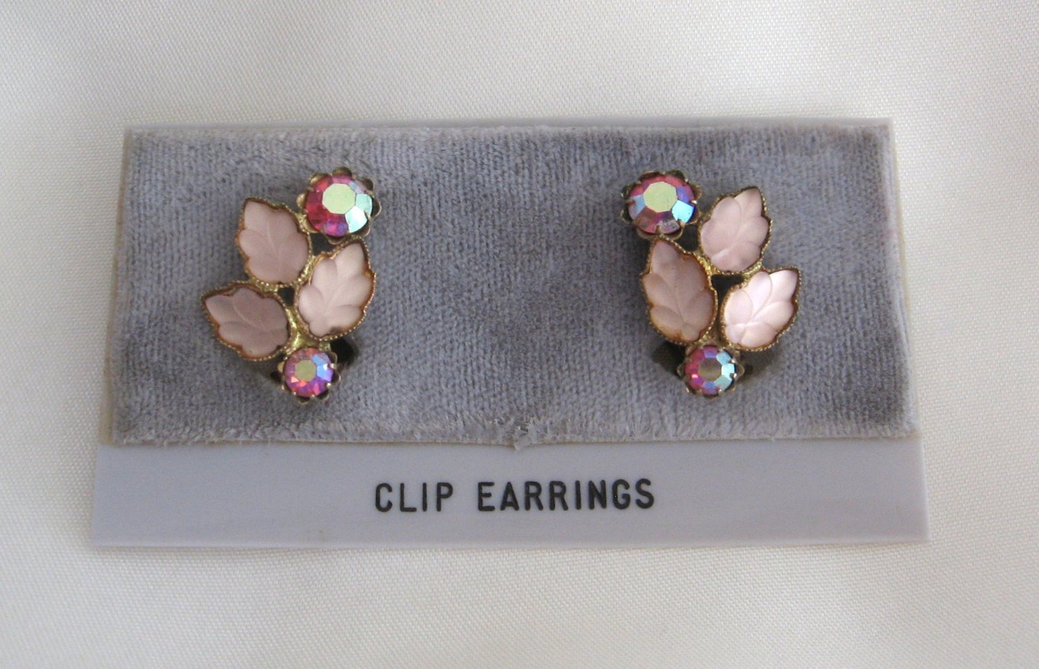 West Germany Clip On Earrings Pink Aurora Borealis Stones & Black Beads