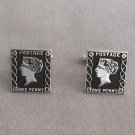 Black & Silver Cufflinks Postage One Penny Great Britain Queen Elizabeth Designer Anson Vintage Black & Silver Cufflinks Postage One Penny Great Britain Queen Elizabeth Designer Anson Vintage
