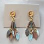 Shabby Chic Enamel Leaf Dangle Pierced Earrings Turquoise Brown Black Vintage