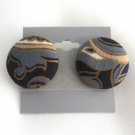 Retro Cloth Button Style Earrings Black Tan Vintage Jewelry 1970s