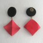 Large Black And Red Dangle Chunky Style Pierced Earrings Vintage Jewelry 1980s