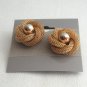 Gold Mesh Braided Bead Flower Pierced Earrings Vintage 1970s