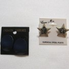 2 Pair Tan And Blue Stars Curvy Wavy Pierced Earrings Cara Mia Vintage Jewelry 1980s