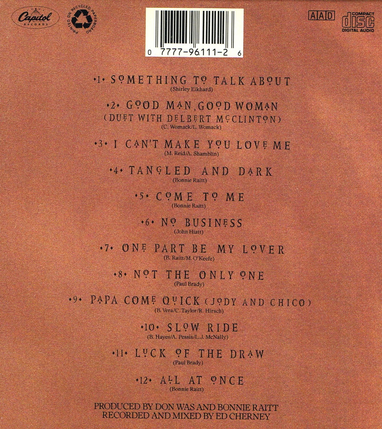 Bonnie Raitt Luck of The Draw Music CD Fold Out Case 12 Songs