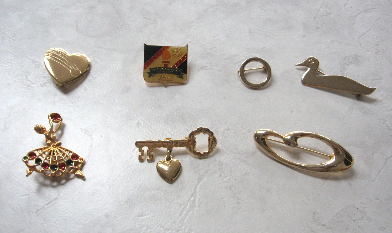 7 Brooches Brooch Pins Vintage Jewelry 1980s Olympics Circle Key Heart Ballerina