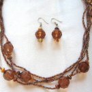 Long Beaded Amber Brown Aurora Borealis Necklace & Pierced Earrings Vintage Jewelry Set 1970s