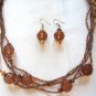 Long Beaded Amber Brown Aurora Borealis Necklace & Pierced Earrings Vintage Jewelry Set 1970s