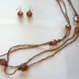Long Beaded Amber Brown Aurora Borealis Necklace & Pierced Earrings Vintage Jewelry Set 1970s
