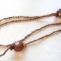 Long Beaded Amber Brown Aurora Borealis Necklace & Pierced Earrings Vintage Jewelry Set 1970s