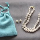 Fancy White Round 8mm Pearl Necklace & Stud Pierced Earrings Vintage 1980's Jewelry Set