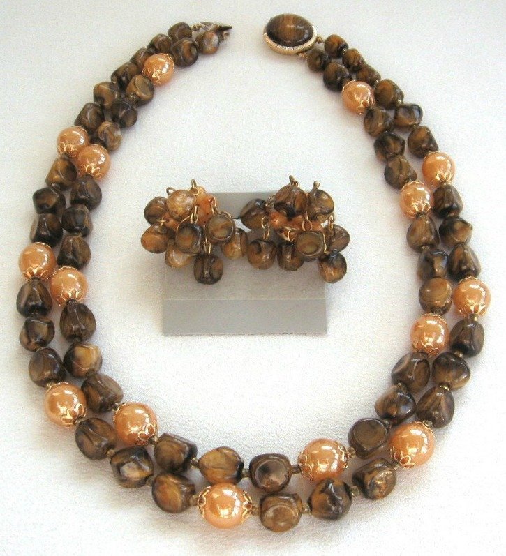 Amber Brown Butterscotch Double Strand Beaded Necklace & Clip On ...