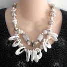 Large Chunky Style White Glass Stone Silver Bead Necklace Handcrafted Vintage